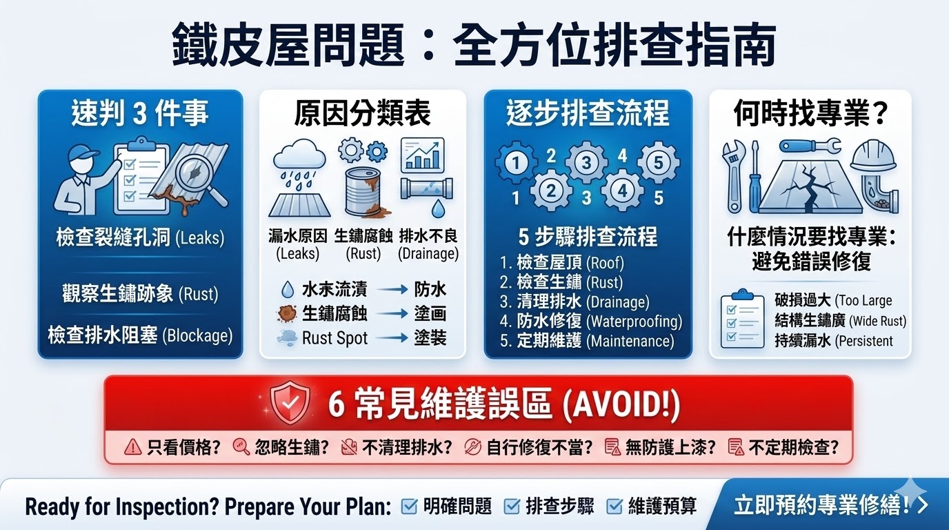 鐵皮屋常見於工業區或住宅區，因其建造成本低且耐用。然而，隨著時間的推移，鐵皮屋可能會面臨漏水、生鏽、結構老化等問題。及時排查並修復這些問題對於維持屋頂的穩定性與安全性至關重要。本指南將幫助您識別鐵皮屋常見問題的原因，並提供有效的排查和修復方法，讓您能夠及早發現並處理問題，避免進一步損害。